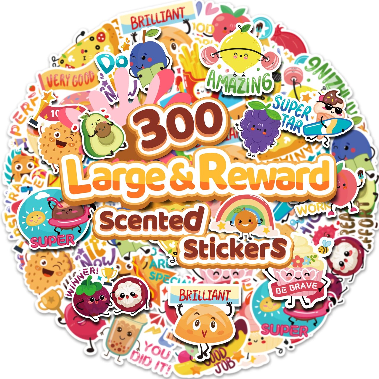 300PCS Large Scratch and Sniff Scented Stickers for Kids, Incentive Smelly Summer Sticker, Motivational for Kids Christmas Gift, Bigger Reward Stickers for Student Classroom Must Haves School Supplies